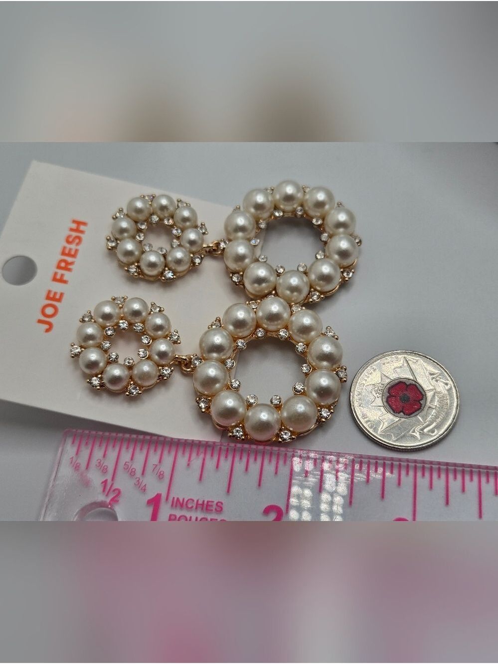 ✨2/$10✨ Double Circle Pearl Rhinestone Earrings Gold Tone 2.75" Bride Joe Fresh - Picture 7 of 7
